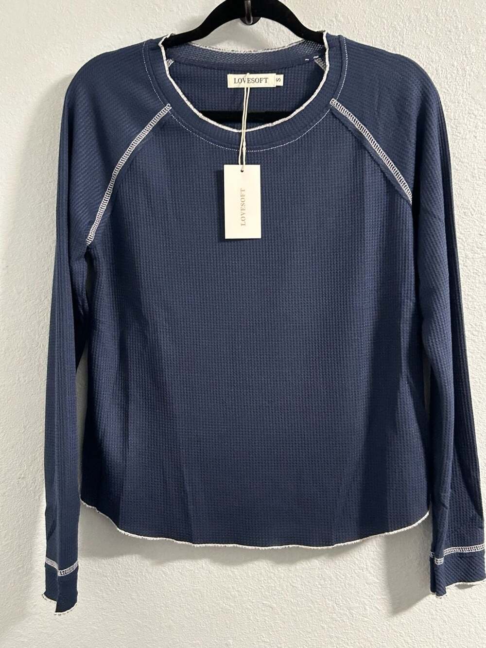 Lovesoft Waffle Knit Thermal Top Size S Navy Contrast Stitch